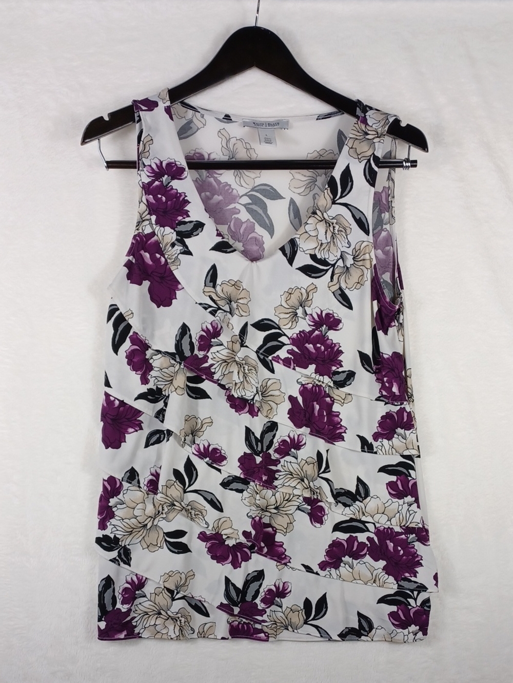 White House Black Market White Floral V-Neck Sleeveless Top with Purple Blooms
